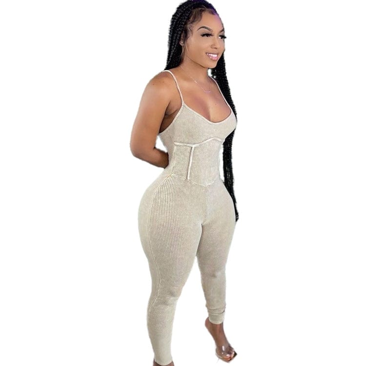 OSINA Hot Sale V Neck Autumn Spaghetti Strap  Solid Color Leather Women Bodycon Jumpsuits
