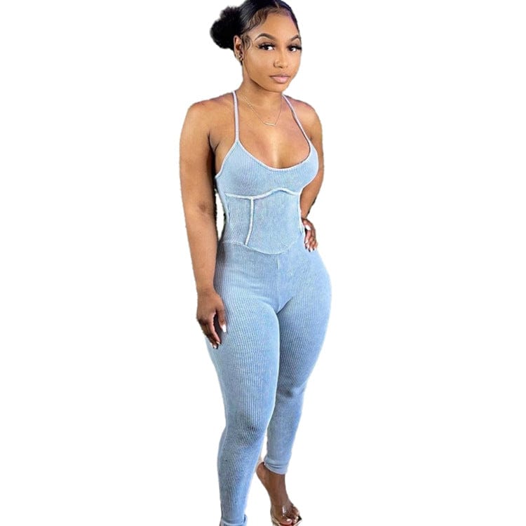 OSINA Hot Sale V Neck Autumn Spaghetti Strap  Solid Color Leather Women Bodycon Jumpsuits