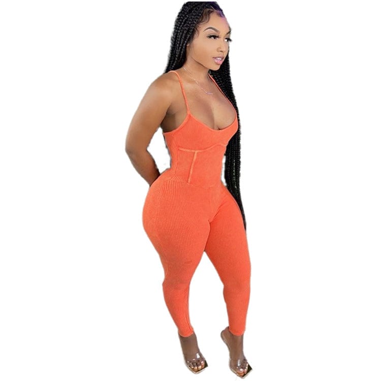 OSINA Hot Sale V Neck Autumn Spaghetti Strap  Solid Color Leather Women Bodycon Jumpsuits