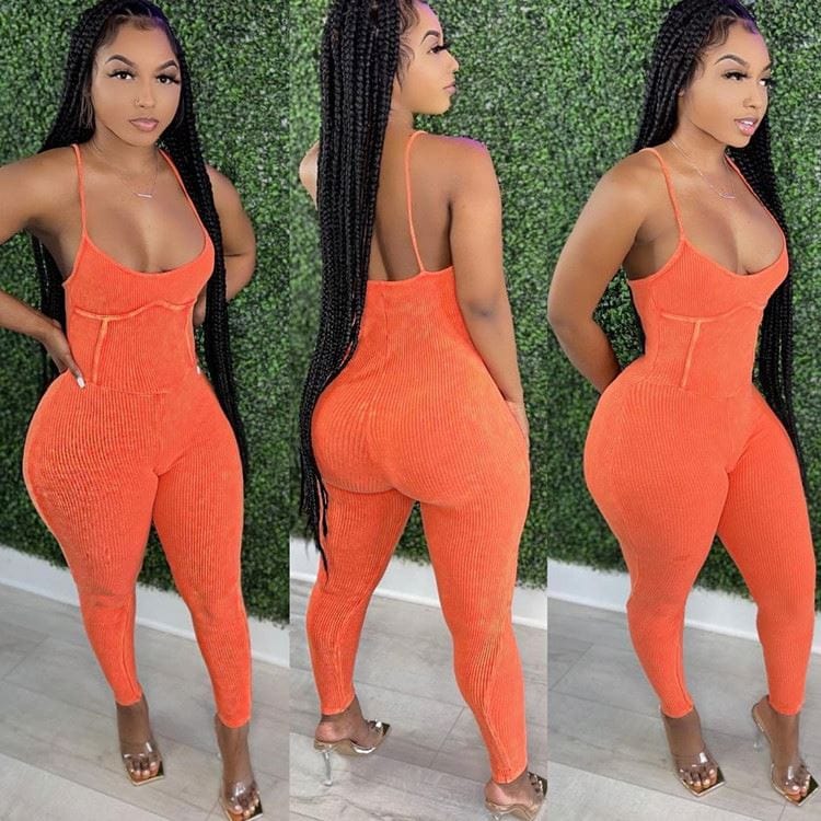OSINA Hot Sale V Neck Autumn Spaghetti Strap  Solid Color Leather Women Bodycon Jumpsuits