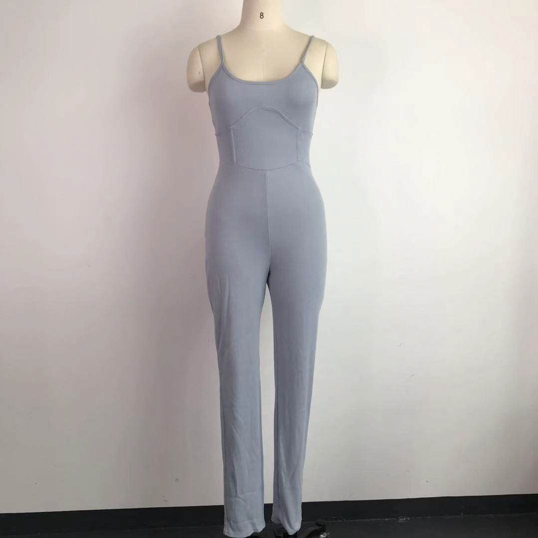 OSINA Hot Sale V Neck Autumn Spaghetti Strap  Solid Color Leather Women Bodycon Jumpsuits