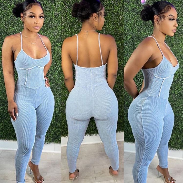 OSINA Hot Sale V Neck Autumn Spaghetti Strap  Solid Color Leather Women Bodycon Jumpsuits