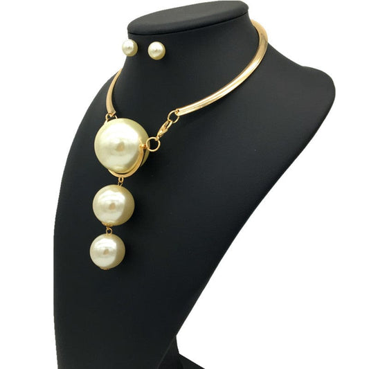 other / 1 Gold Pearl Wedding Jewelry Sets African Bridal Necklace Earrings Exaggerated Style Women Fashion Jewelry Set