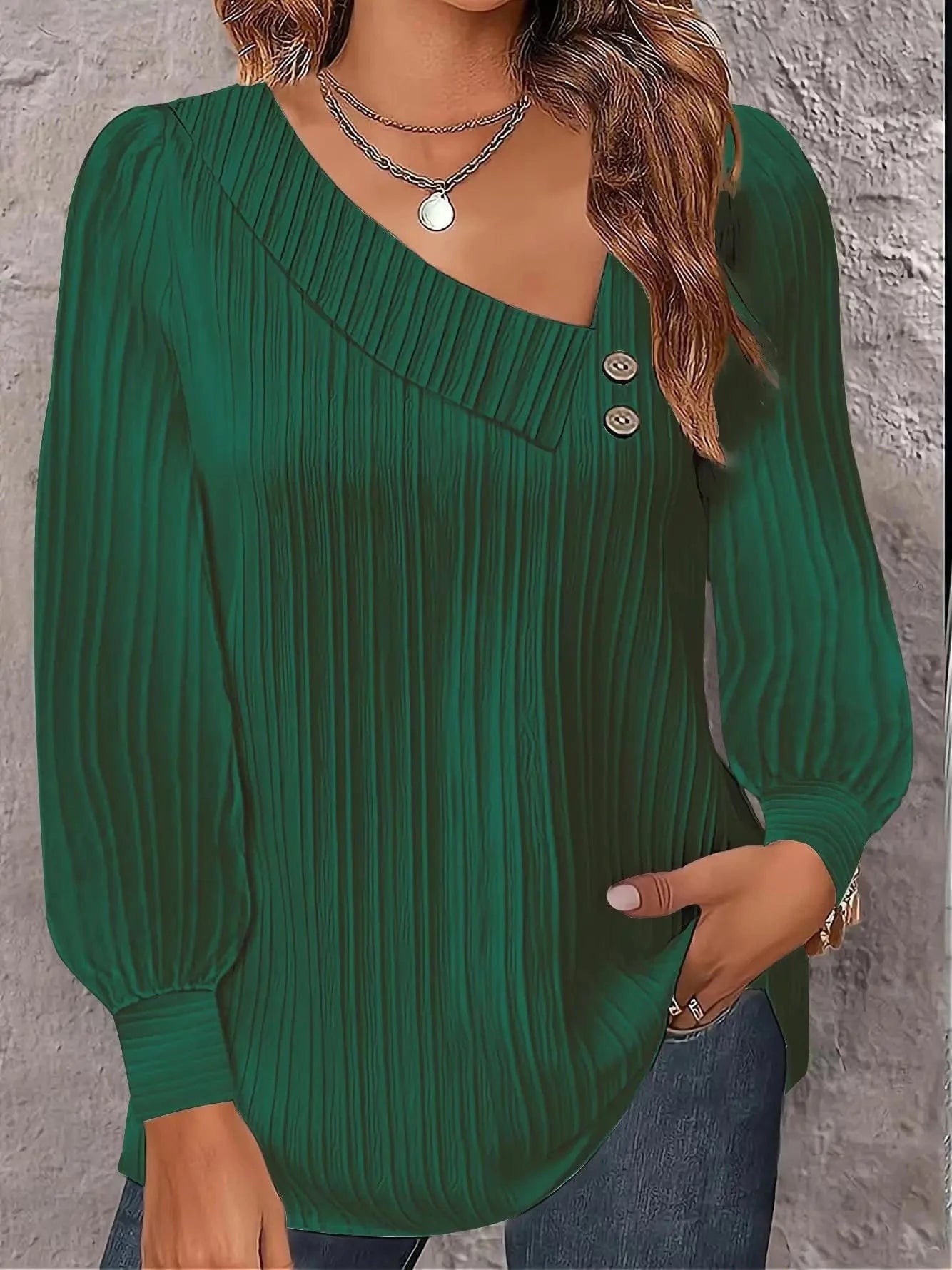 Other / L / green 2024 Autumn Simple and Comfortable Slant Neck Button Solid Color Versatile Long Sleeve Pleated Shirt Women's Wear
