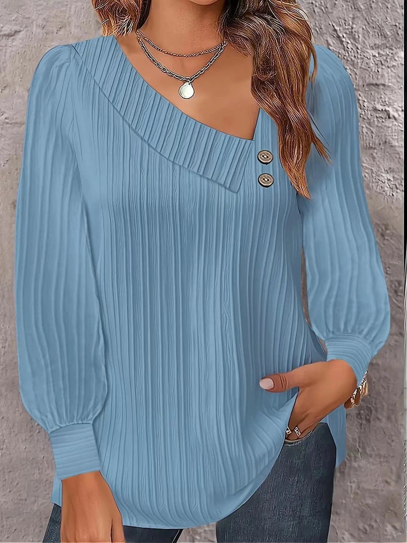 Other / L / Light Blue 2024 Autumn Simple and Comfortable Slant Neck Button Solid Color Versatile Long Sleeve Pleated Shirt Women's Wear