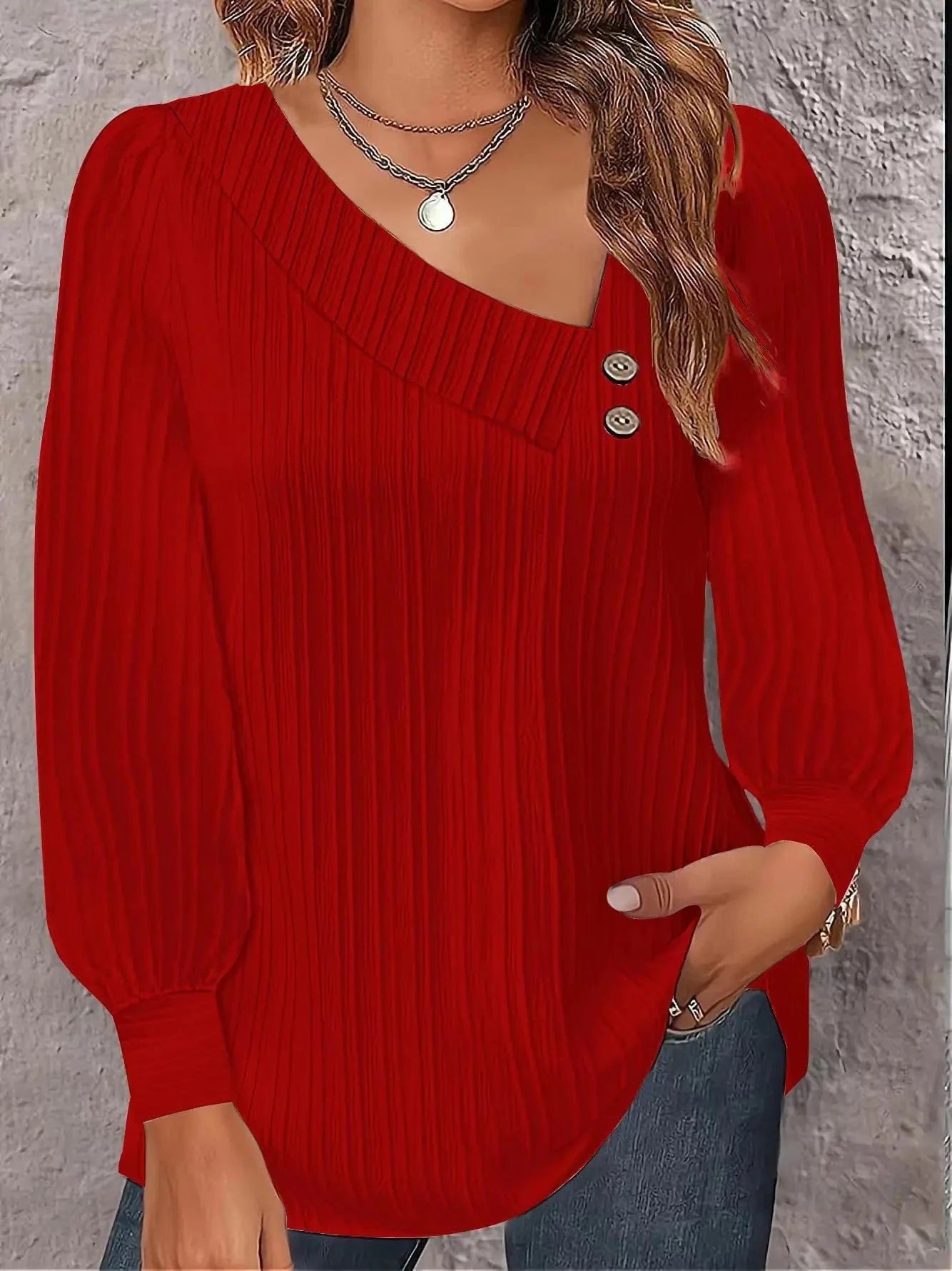 Other / M / Red 2024 Autumn Simple and Comfortable Slant Neck Button Solid Color Versatile Long Sleeve Pleated Shirt Women's Wear