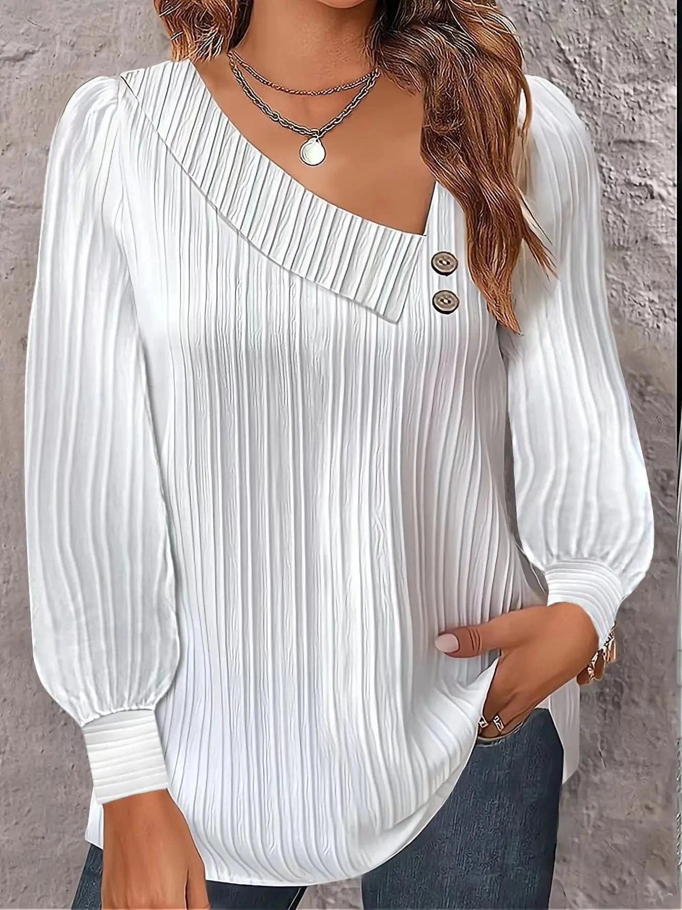 Other / M / White 2024 Autumn Simple and Comfortable Slant Neck Button Solid Color Versatile Long Sleeve Pleated Shirt Women's Wear