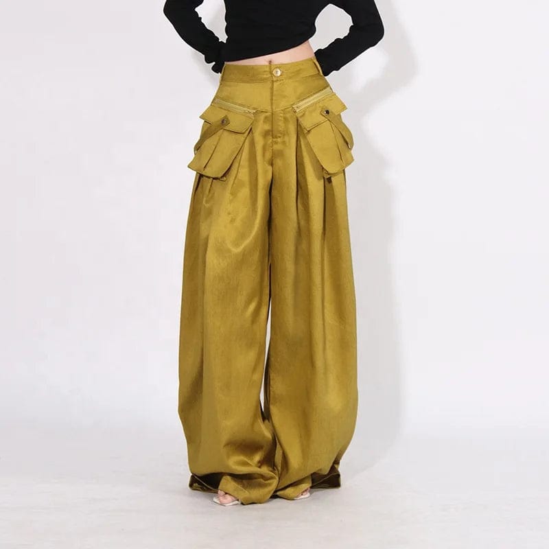 OUDINA 2023 Autumn Fashionable Loose Casual Trousers Pleated Stitching Zipper Pocket Design Wide Leg Pants Women