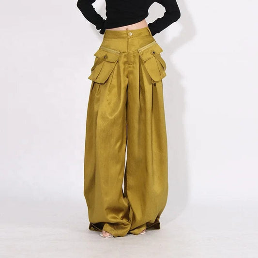 OUDINA 2023 Autumn Fashionable Loose Casual Trousers Pleated Stitching Zipper Pocket Design Wide Leg Pants Women