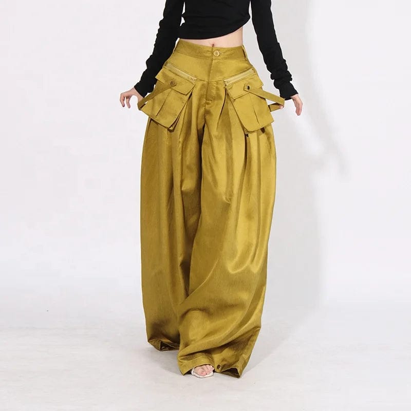 OUDINA 2023 Autumn Fashionable Loose Casual Trousers Pleated Stitching Zipper Pocket Design Wide Leg Pants Women