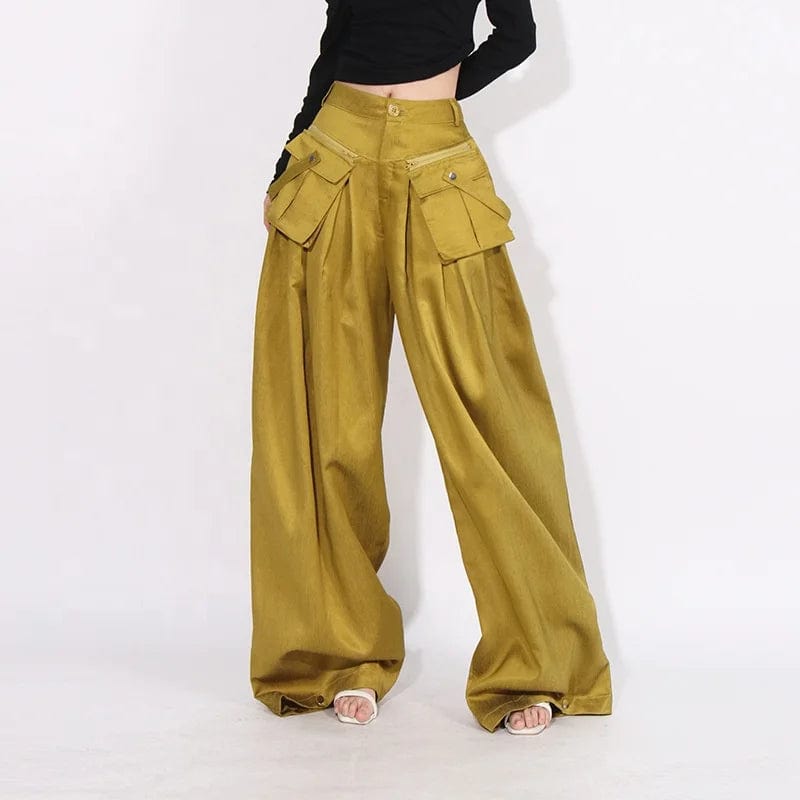 OUDINA 2023 Autumn Fashionable Loose Casual Trousers Pleated Stitching Zipper Pocket Design Wide Leg Pants Women