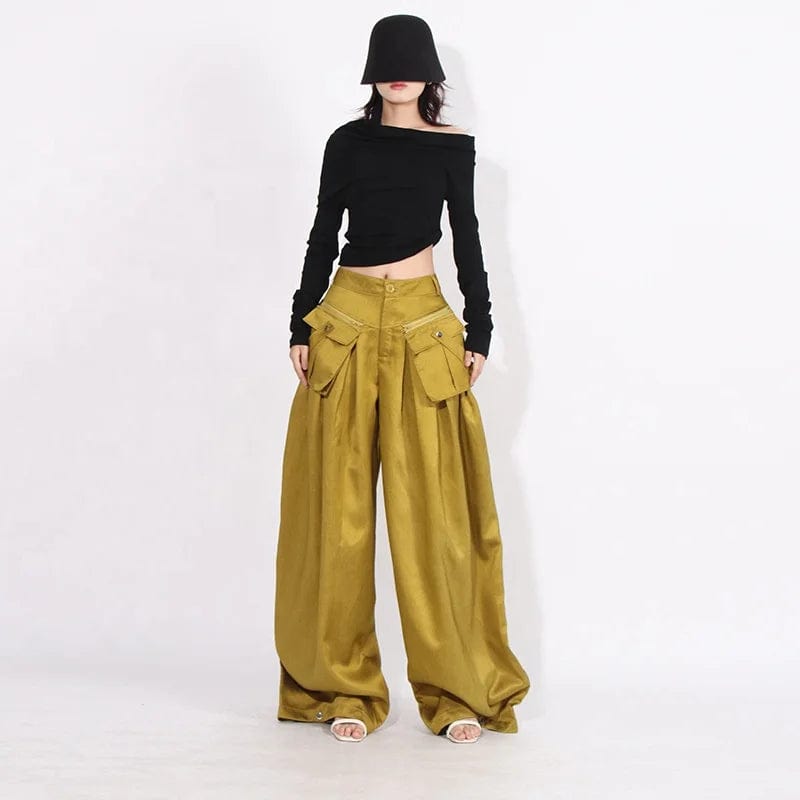 OUDINA 2023 Autumn Fashionable Loose Casual Trousers Pleated Stitching Zipper Pocket Design Wide Leg Pants Women