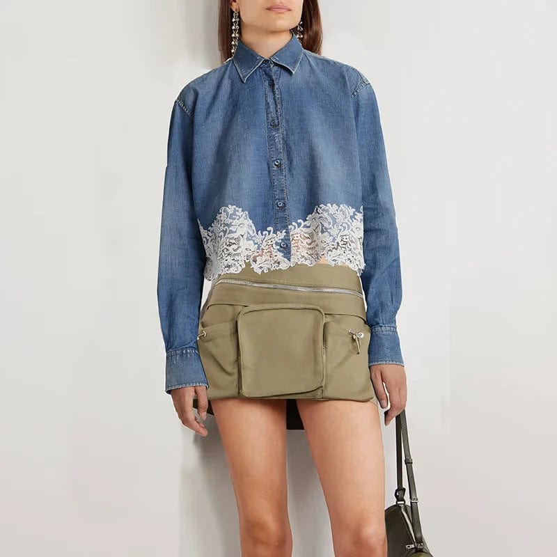 OUDINA 2023 Autumn New Fashion Lace Patchwork Denim Shirt For Women Loose Long Sleeve Shirts