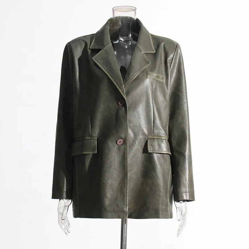 OUDINA 2023 Autumn New fashion Suit Jackets Solid Color Loose Versatile Heavy Industry PU Leather Blazer For Women
