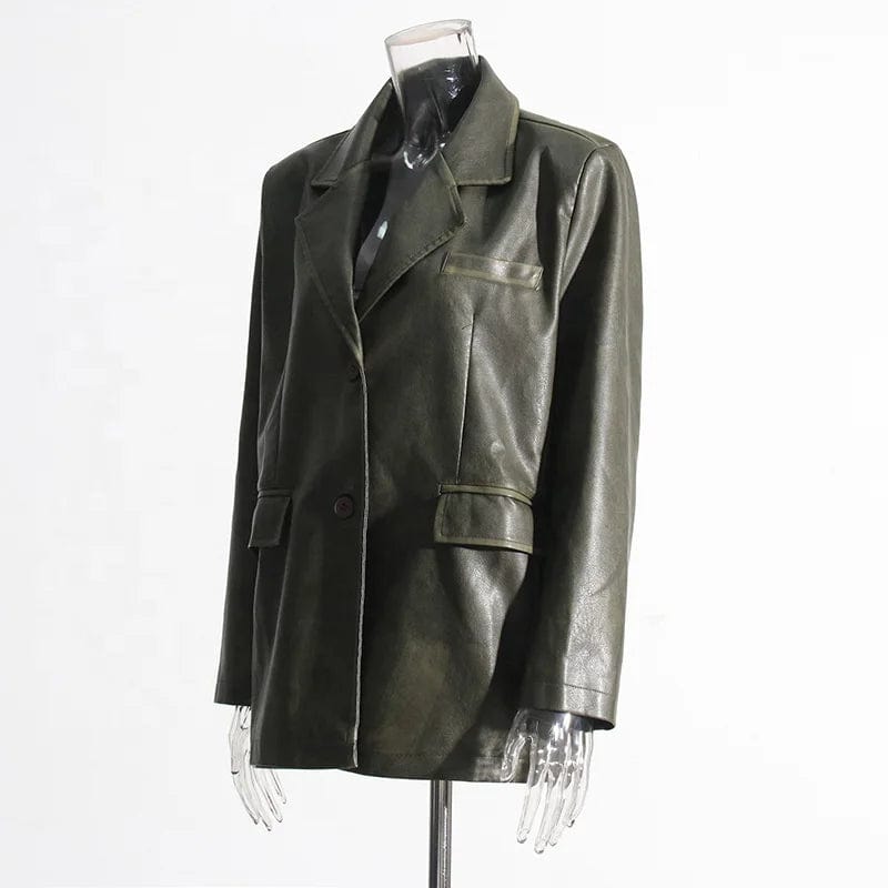 OUDINA 2023 Autumn New fashion Suit Jackets Solid Color Loose Versatile Heavy Industry PU Leather Blazer For Women