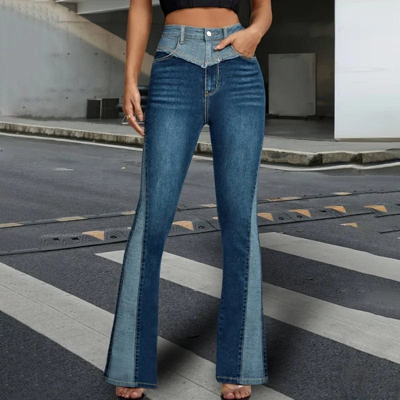 OUDINA 2023 New Autumn American Splicing Design Slim Bootcut Jeans Contrasting Color Trousers Women