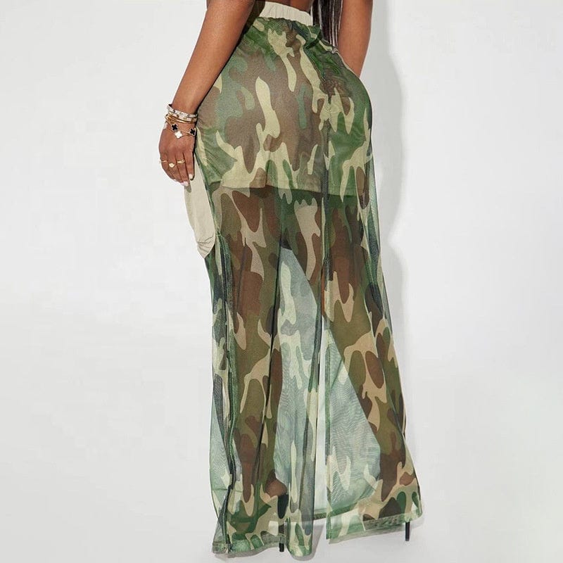 OUDINA 2023 New Stitching Mesh See-through Drawstring Skirts Loose Camo Long Cargo Skirt
