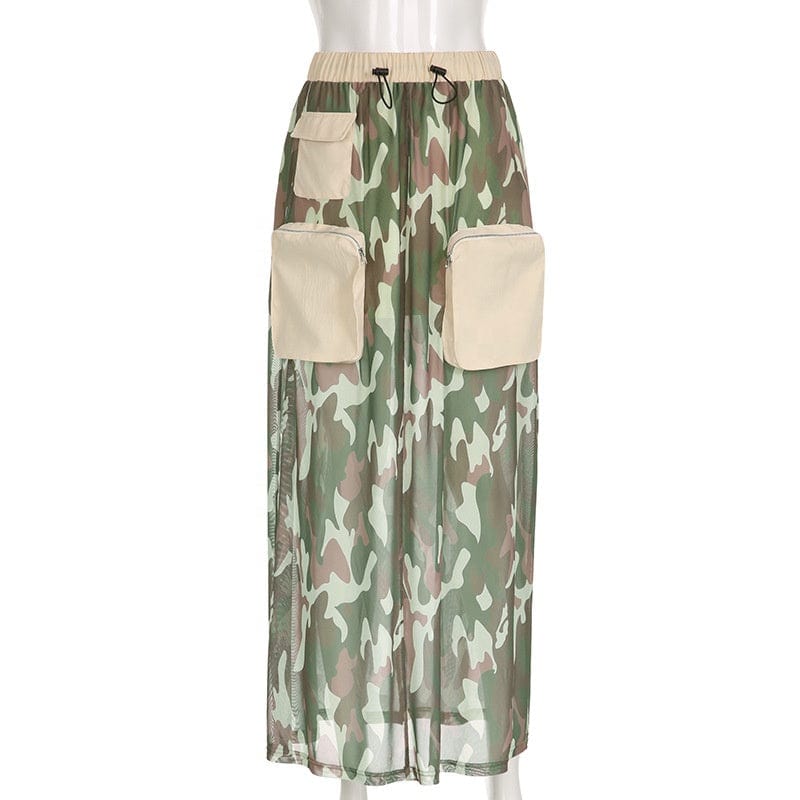 OUDINA 2023 New Stitching Mesh See-through Drawstring Skirts Loose Camo Long Cargo Skirt