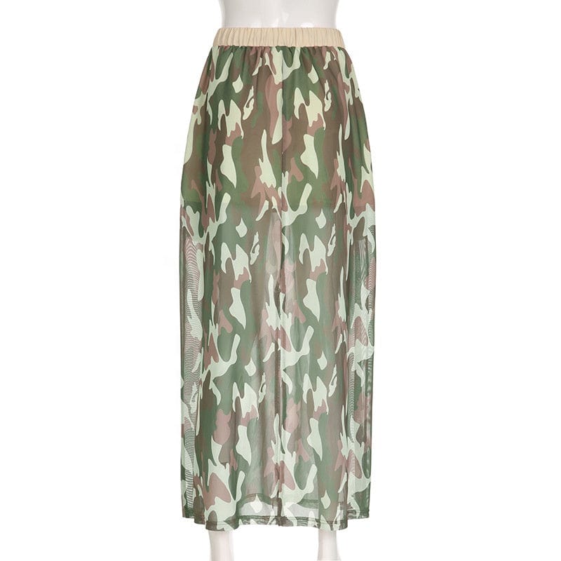 OUDINA 2023 New Stitching Mesh See-through Drawstring Skirts Loose Camo Long Cargo Skirt