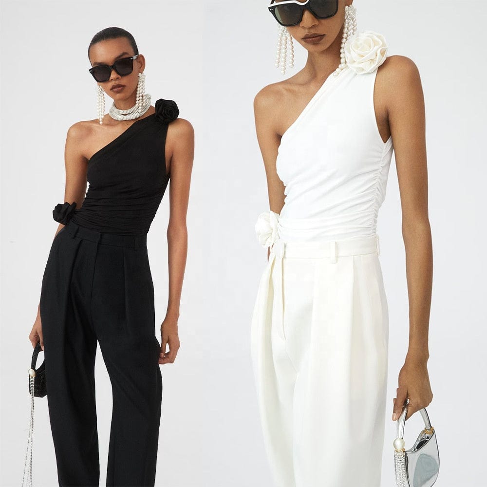 OUDINA 2023 Three-dimensional Rose Flower Slanted Shoulders Blouse And Top Summer Knitted Vest Crop Tops For Women