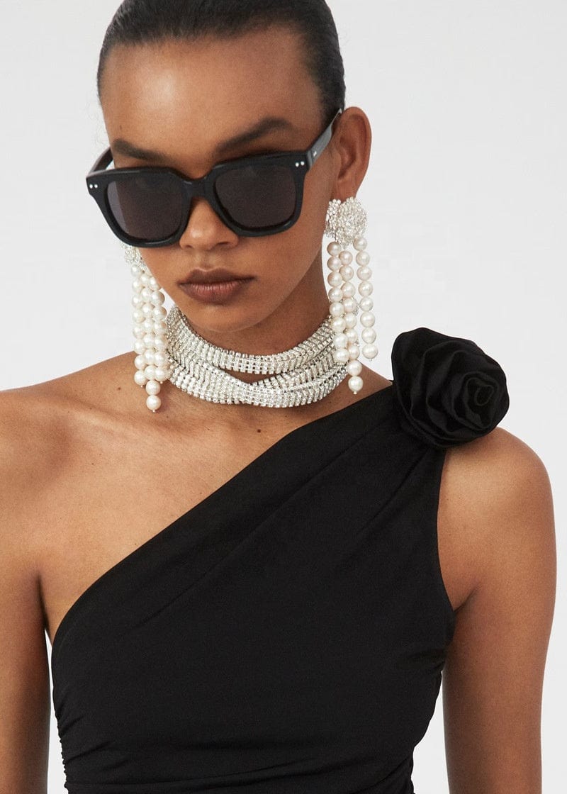 OUDINA 2023 Three-dimensional Rose Flower Slanted Shoulders Blouse And Top Summer Knitted Vest Crop Tops For Women