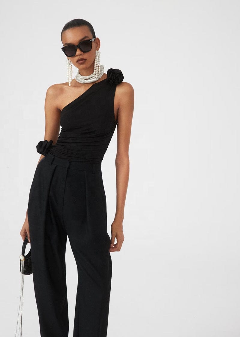 OUDINA 2023 Three-dimensional Rose Flower Slanted Shoulders Blouse And Top Summer Knitted Vest Crop Tops For Women