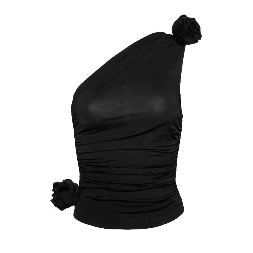 OUDINA 2023 Three-dimensional Rose Flower Slanted Shoulders Blouse And Top Summer Knitted Vest Crop Tops For Women