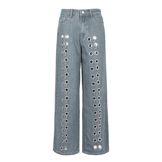 OUDINA 2023 Trendy New Design Hoop Decoration Jeans Hollow Out Loose Straight Women Pants