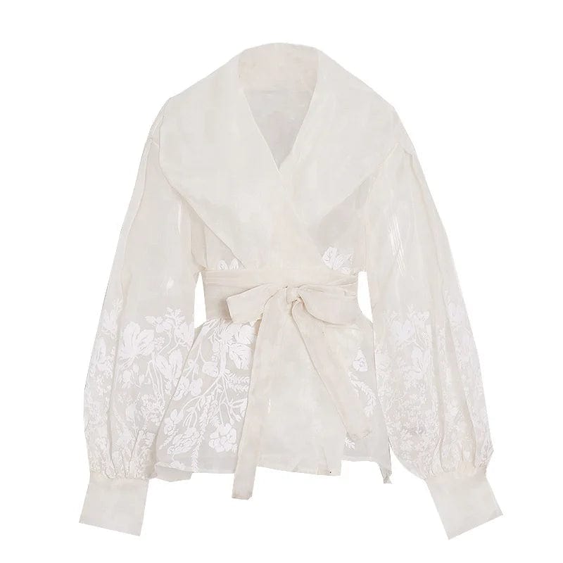 OUDINA 2024 New Chiffon Retro Style Suit Collar Puff Sleeves Shirt Lace-up Waist Blouses And Shirts For Women