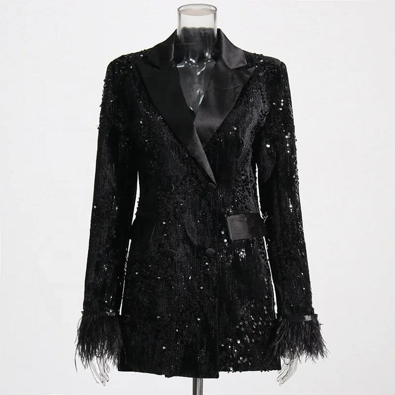 OUDINA 2024 New Fashion Light Luxury Sequin Blazer Women Style Slim Cuffs Fur Splicing Women's Suits Blazers