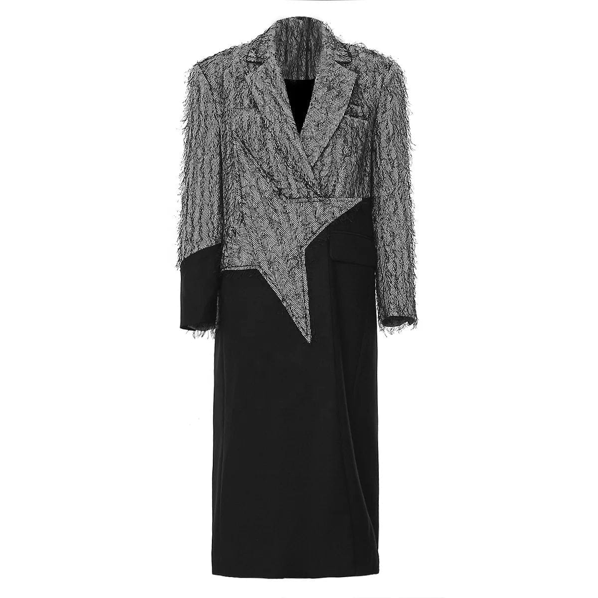 OUDINA 2024 New Wholesale Patchwork Contrasting Colors Tassel Wool Windbreaker Jacket Ladies Women Long Coat