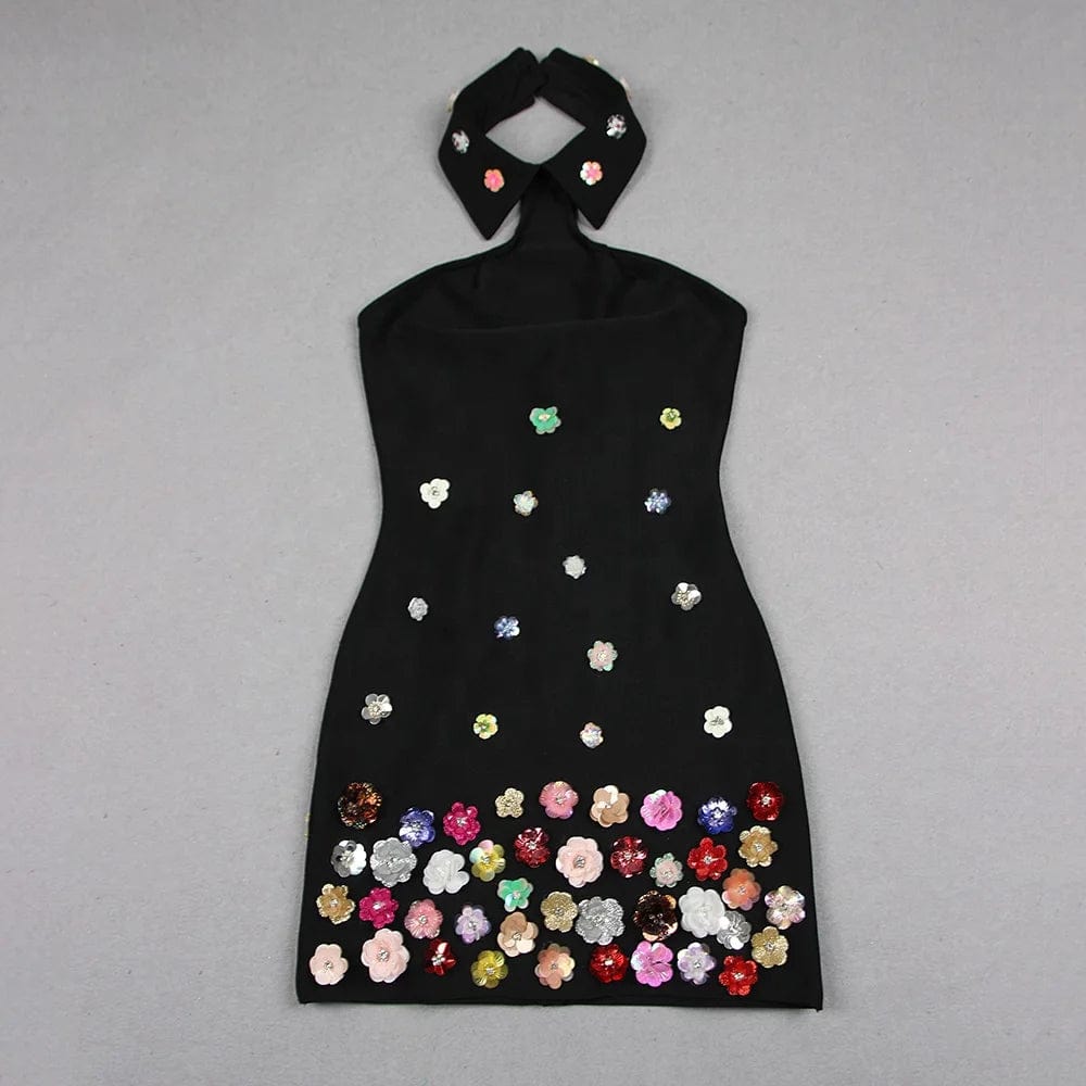 OUDINA 2024 Spring New Fashion Sexy Handmade Flower Halter Dresses Short Evening Women Bodycon Dress Bandage