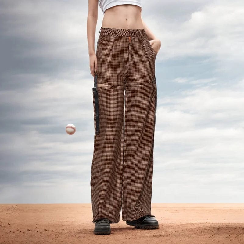 OUDINA 2024 Spring New French Retro Women's Straight Hollow Lace Design High Waist Slim Casual Plaid Woman Pants