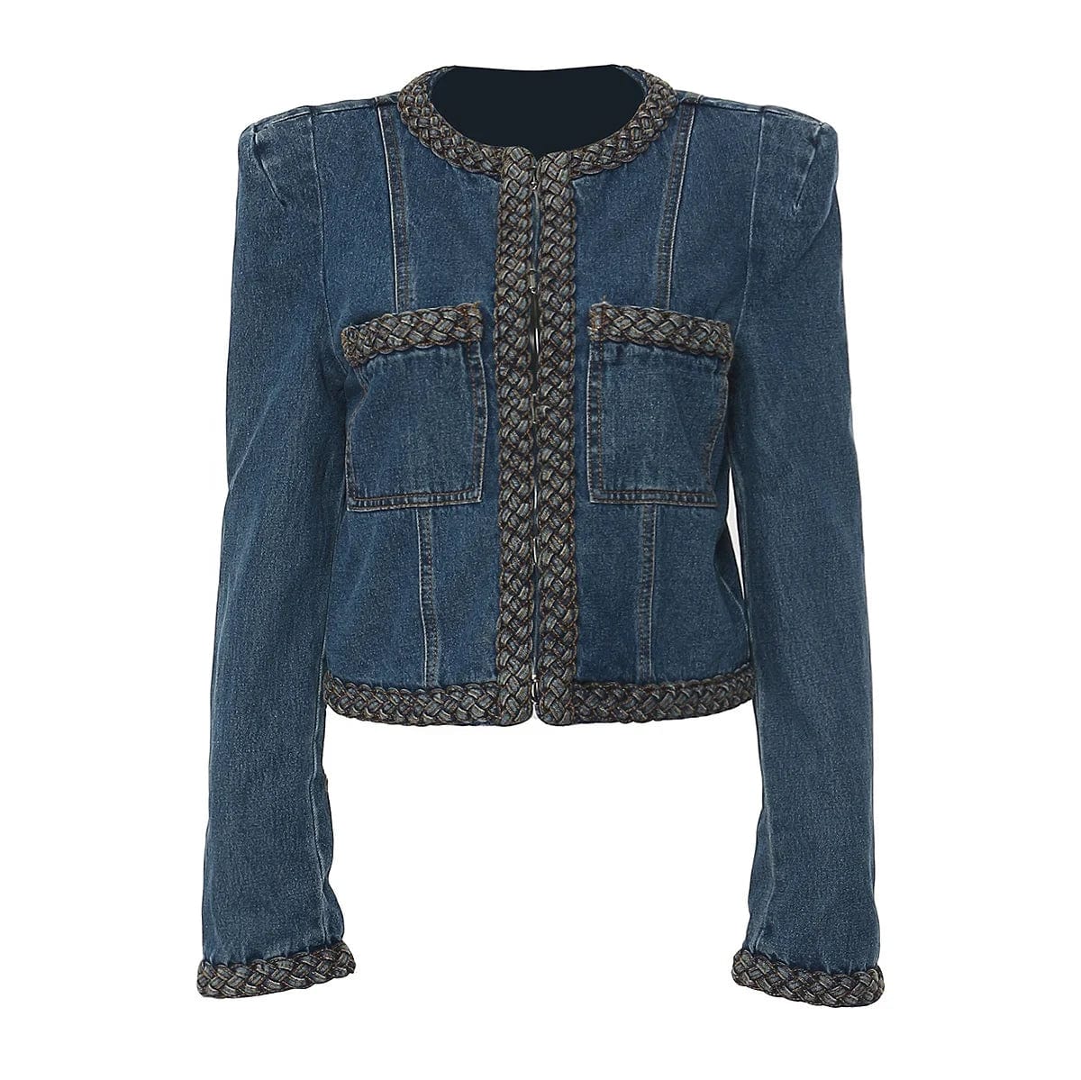 OUDINA 2024 Wholesale Cropped Woven Delicate Shoulder Pad Jean Jackets Ladies Women Denim Jacket