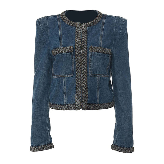 OUDINA 2024 Wholesale Cropped Woven Delicate Shoulder Pad Jean Jackets Ladies Women Denim Jacket