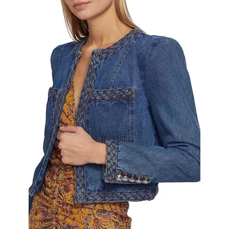 OUDINA 2024 Wholesale Cropped Woven Delicate Shoulder Pad Jean Jackets Ladies Women Denim Jacket