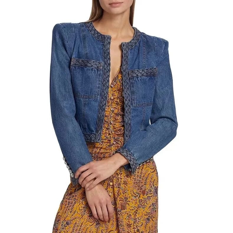 OUDINA 2024 Wholesale Cropped Woven Delicate Shoulder Pad Jean Jackets Ladies Women Denim Jacket