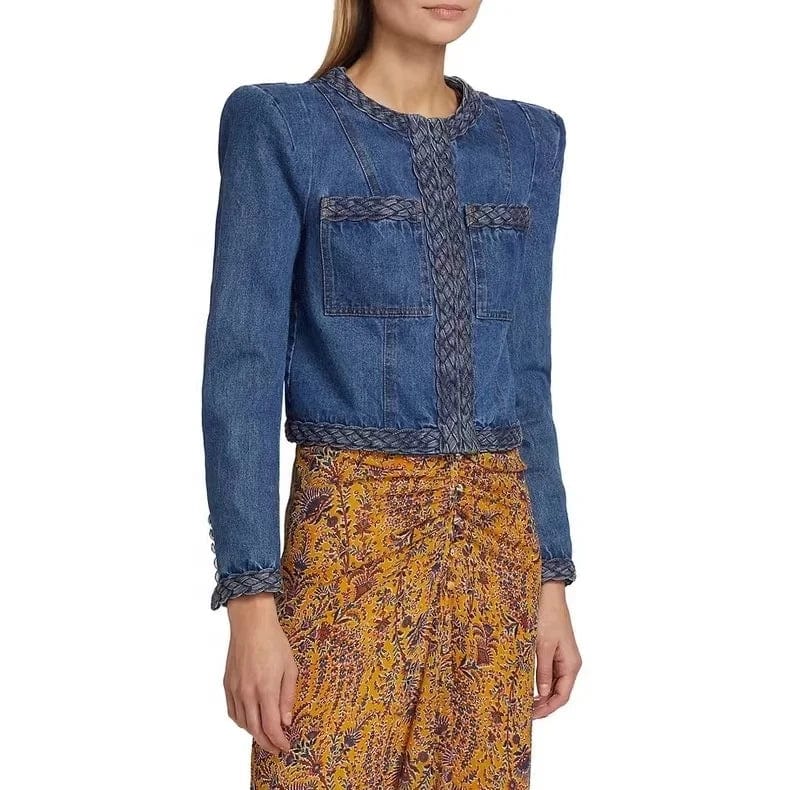 OUDINA 2024 Wholesale Cropped Woven Delicate Shoulder Pad Jean Jackets Ladies Women Denim Jacket
