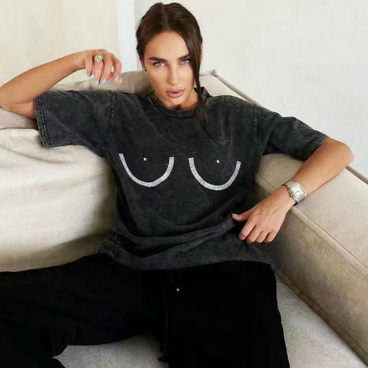 OUDINA American Style Bust Diamond Short Sleeve Women's Spring And Summer Solid Color Simple Round Neck Ladies T-shirt