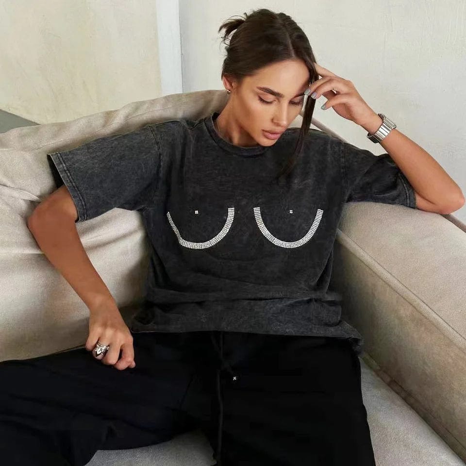 OUDINA American Style Bust Diamond Short Sleeve Women's Spring And Summer Solid Color Simple Round Neck Ladies T-shirt