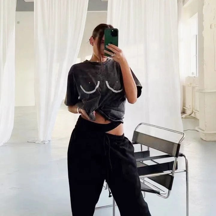 OUDINA American Style Bust Diamond Short Sleeve Women's Spring And Summer Solid Color Simple Round Neck Ladies T-shirt