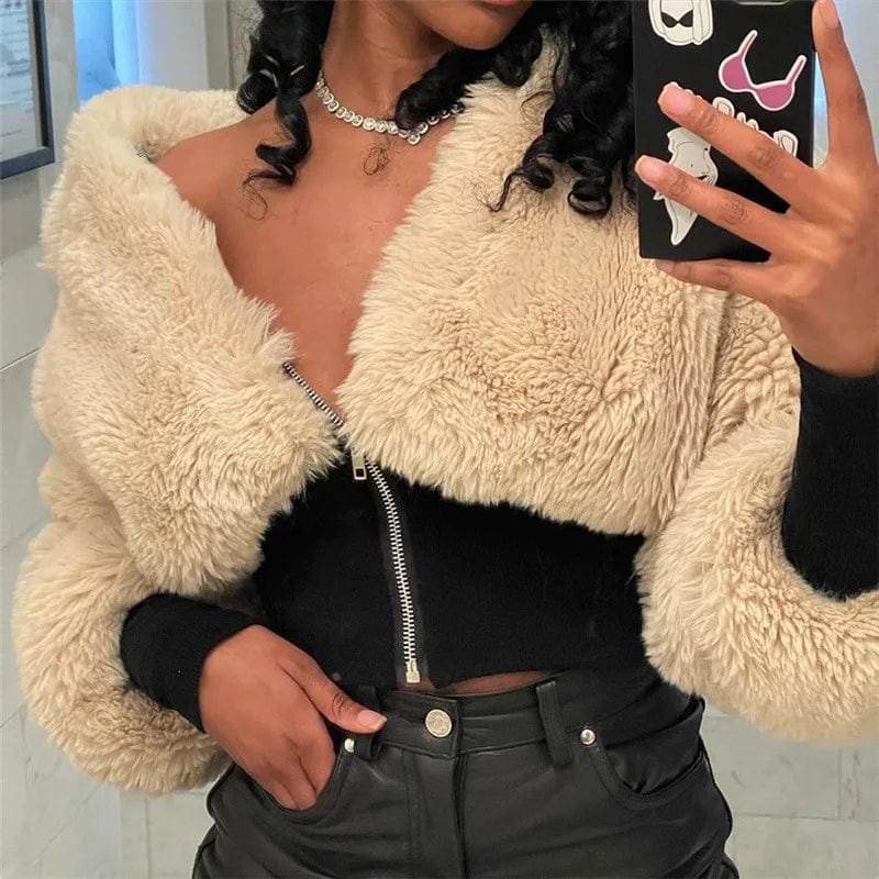 OUDINA Autumn 2023 Women's Splicing Lamb Wool Slim Coat New Stylish Zip Up Cropped Jacket Women