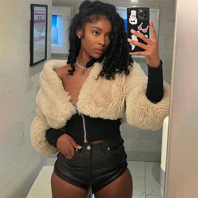 OUDINA Autumn 2023 Women's Splicing Lamb Wool Slim Coat New Stylish Zip Up Cropped Jacket Women