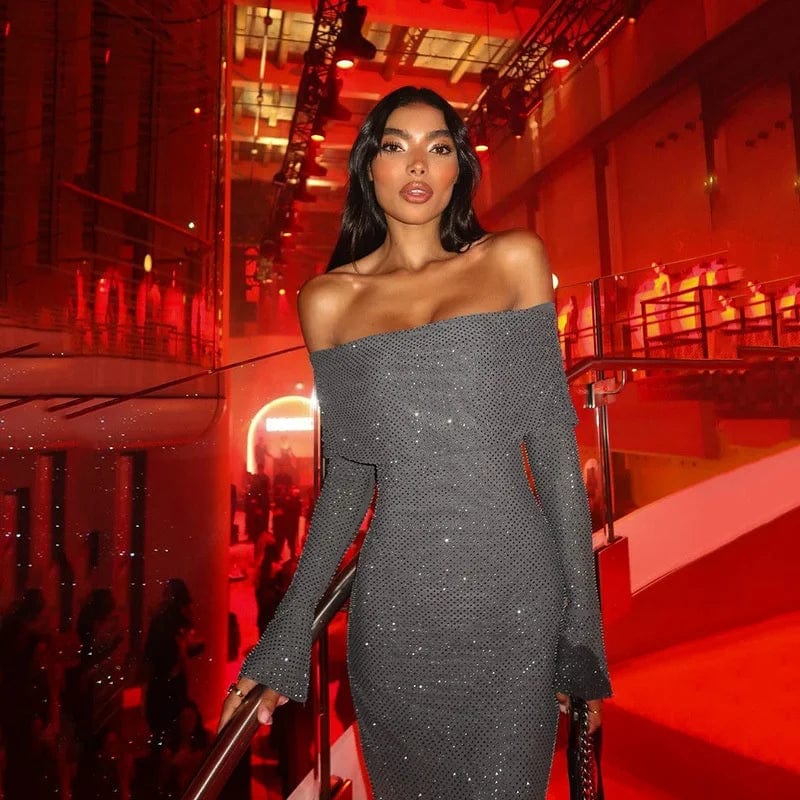 OUDINA Autumn New One Shoulder Slim Fit Dress Long Fashionable Style Night Dresses For Woman