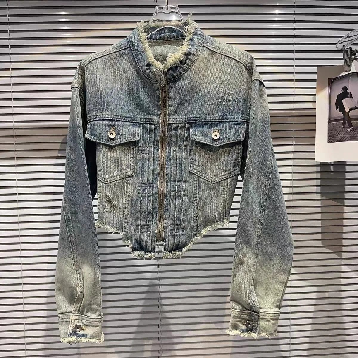 OUDINA Autumn Trendy Street Tassel Raw Edge Stand-up Collar Washed Jean Jackets Gradient Short Cropped Women Denim Jacket