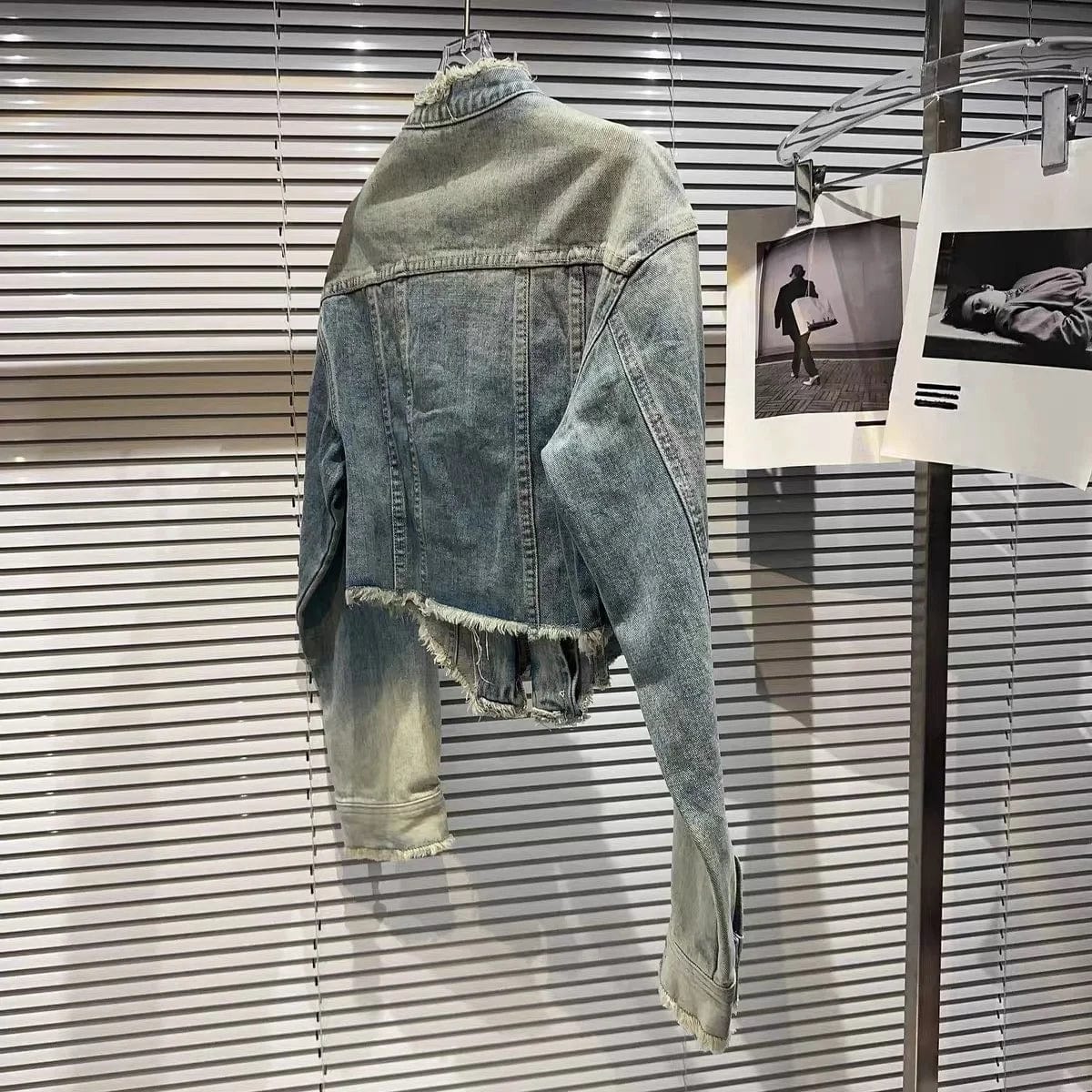 OUDINA Autumn Trendy Street Tassel Raw Edge Stand-up Collar Washed Jean Jackets Gradient Short Cropped Women Denim Jacket