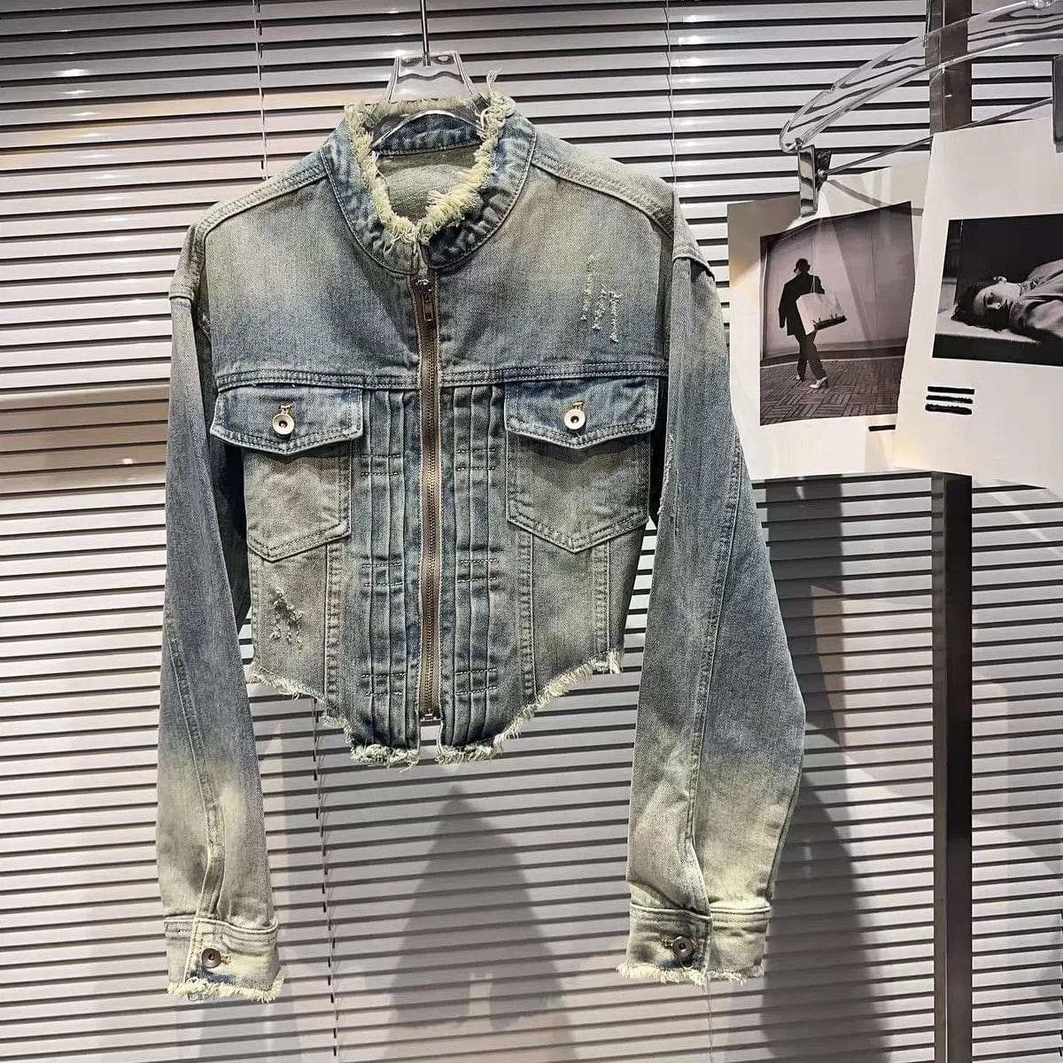 OUDINA Autumn Trendy Street Tassel Raw Edge Stand-up Collar Washed Jean Jackets Gradient Short Cropped Women Denim Jacket