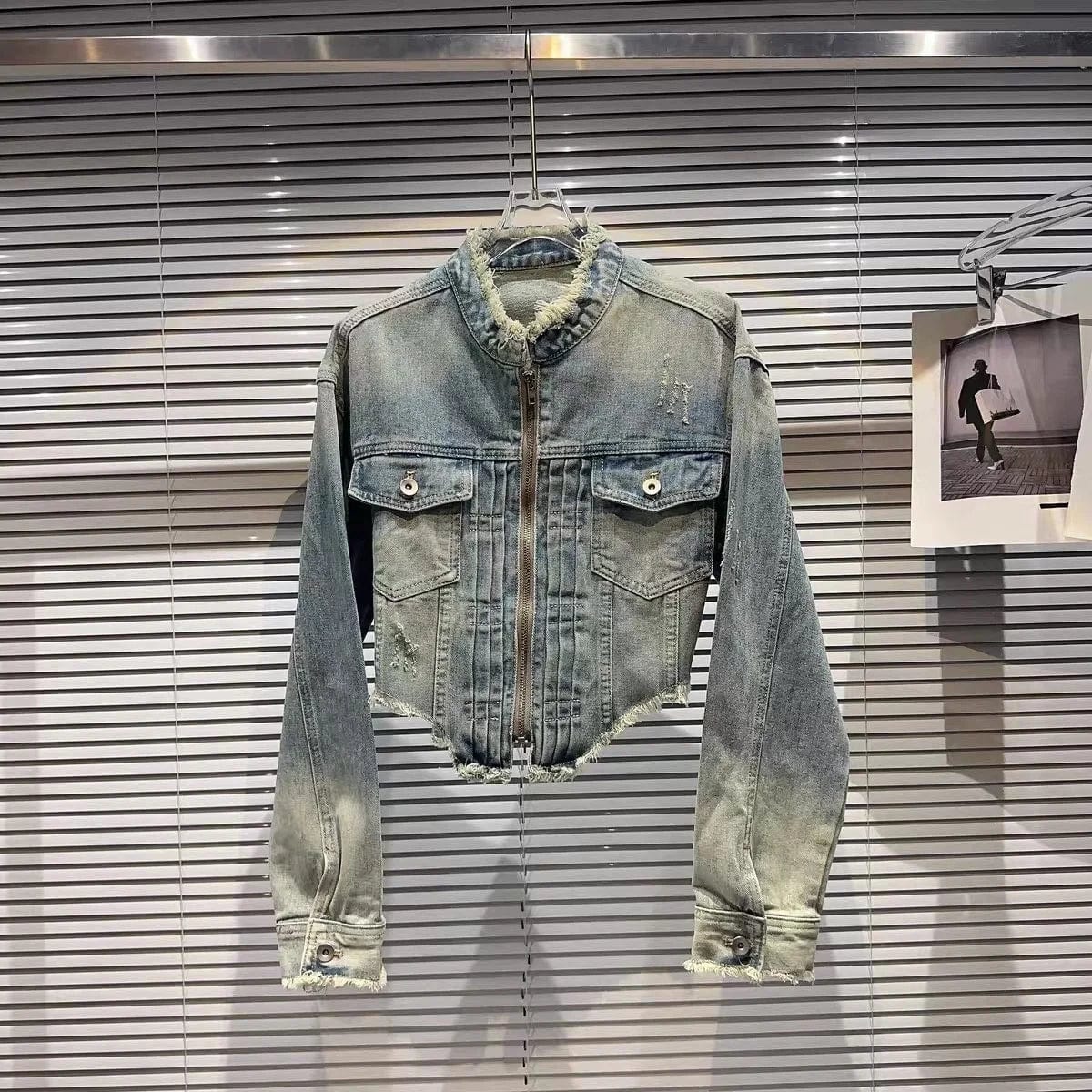 OUDINA Autumn Trendy Street Tassel Raw Edge Stand-up Collar Washed Jean Jackets Gradient Short Cropped Women Denim Jacket