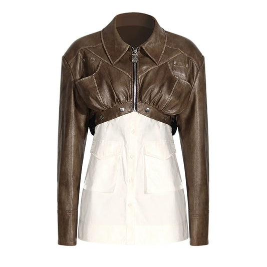 OUDINA Autumn Trendy Two-piece Detachable Short Jackets For Women Vintage Leather Motorcycle Jacket