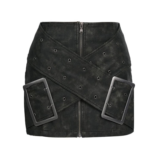 OUDINA Boutique Clothing Wholesale Short Zipper Oversized Metal Buckle Cross Vintage Pu Leather Skirt Skirts For Women